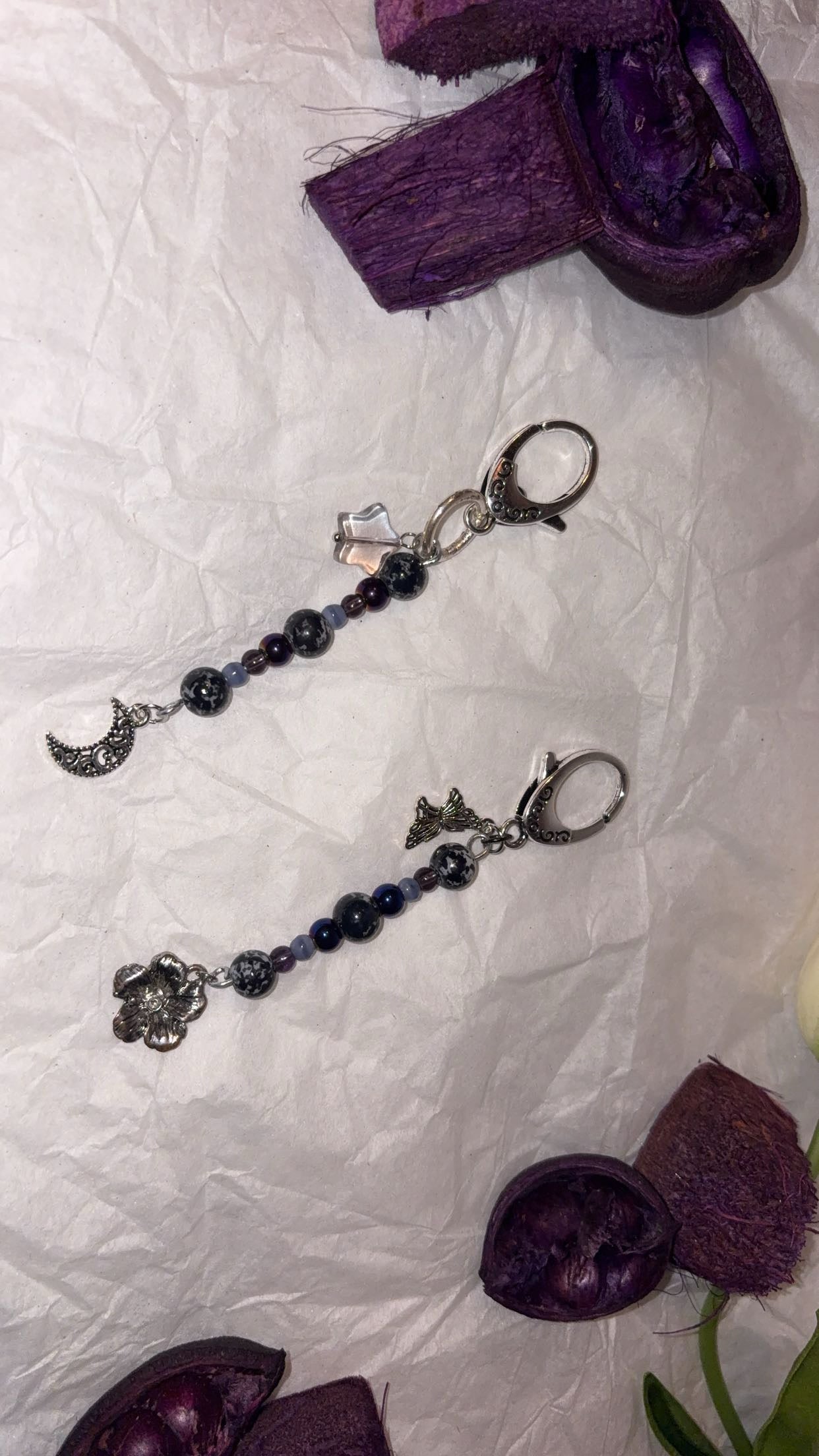 Moon and flower bag charms